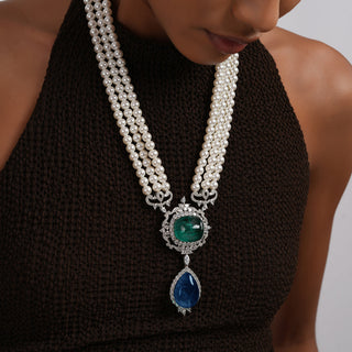 Aighar - Blue & Green Doublet Stone Pearl Long Necklace